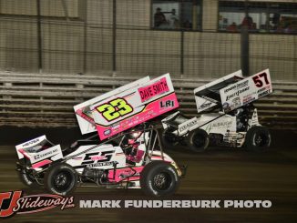 Garet Wiliamson (#23) racing for the lead with Kyle Larson (#57) Thursday at Knoxville Raceway. (T.J. Buffenbarger Photo)