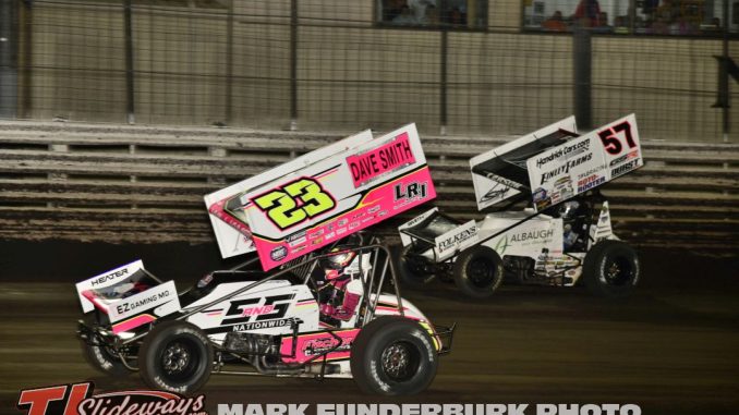 Garet Wiliamson (#23) racing for the lead with Kyle Larson (#57) Thursday at Knoxville Raceway. (T.J. Buffenbarger Photo)