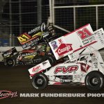 Carson Macedo (#41) racing with Brian Brown (#21) Thursday at Knoxville Raceway. (Mark Funderburk Photo)