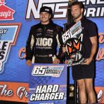 Kyle Larson with car owner Paul Silva after winning the 65th Knoxville Nationals. (Mark Funderburk Photo)