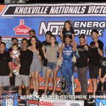 Kyle Larson with crew, family, and friends after winning the feature event Thursday night at Knoxville Raceway. (Mark Funderburk Photo)