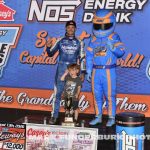 Kyle Larson in victory lane with Knoxville Raceway mascot "Knox". (Mark Funderburk Photo)