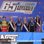 (L to R) Second place Sheldon Haudenschild, winner Kyle Larson, and third place Kasey Kahne after the 65th Knoxville Nationals with the Nationals queen and court. (Mark Funderburk Photo)