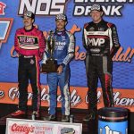 (L to R) Second place Garet Williamson, winner Kyle Larson, and third place Brent Marks Thursday night at Knoxville Raceway. (Mark Funderburk Photo)
