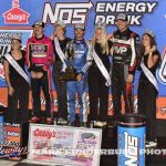 (L to R) Second place Garet Williamson, winner Kyle Larson, and third place Brent Marks Thursday night at Knoxville Raceway. (Mark Funderburk Photo)