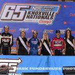 (L to R) Third place Brent Marks, winner Kyle Larson, and second place Garet Williamson after the Thursday night program at Knoxville Raceway. (Mark Funderburk Photo)