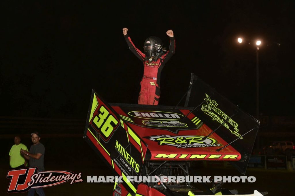 Landon Miner celebrates after winning the 305 sprint car feature Friday at Jacksonville Speedway. (Mark Funderburk Photo)