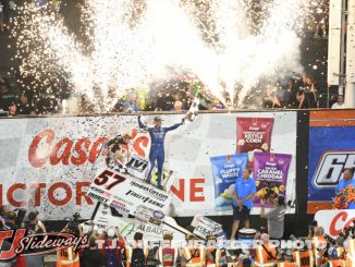 Kyle Larson in victory lane after capturing his fourth Knoxville Nationals title. (T.J. Buffenbarger Photo)