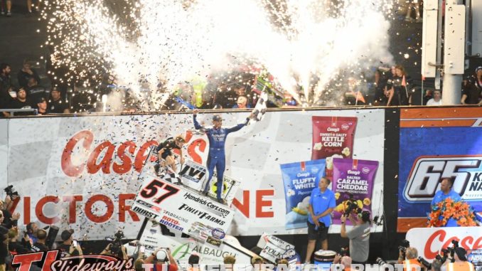Kyle Larson in victory lane after capturing his fourth Knoxville Nationals title. (T.J. Buffenbarger Photo)