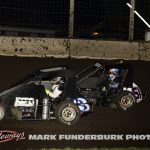 Clayton Vanderploeg (#3) racing with Chris Young (#51) Friday at Lincoln Speedway. (Mark Funderburk Photo)