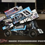 Tyler Duff (#9) racing with Paul Nienhiser (#9X) Friday at Lincoln Speedway. (Mark Funderburk Photo)