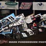 The MOWA parade lap Friday at Lincoln Speedway with Paul Nienhiser (#9X), Brayton Lynch (#29), Jake Neuman (#3N), and Paul Neinhiser (#9X). (Mark Funderburk Photo)
