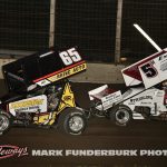 Jordan Goldesberry (#65) racing with Mario Clouser (#5H) Friday at Lincoln Speedway. (Mark Funderburk Photo)