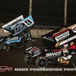 Tyler Duff (#9) racing with Jake Neuman (#3N) Friday at Lincoln Speedway. (Mark Funderburk Photo)