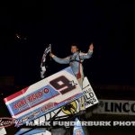 Paul Nienhiser after winning the Midwest Open Wheel Association feature Friday at Lincoln Speedway. (Mark Funderburk Photo)