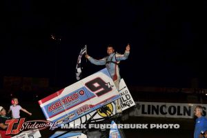 Paul Nienhiser after winning the Midwest Open Wheel Association feature Friday at Lincoln Speedway. (Mark Funderburk Photo)