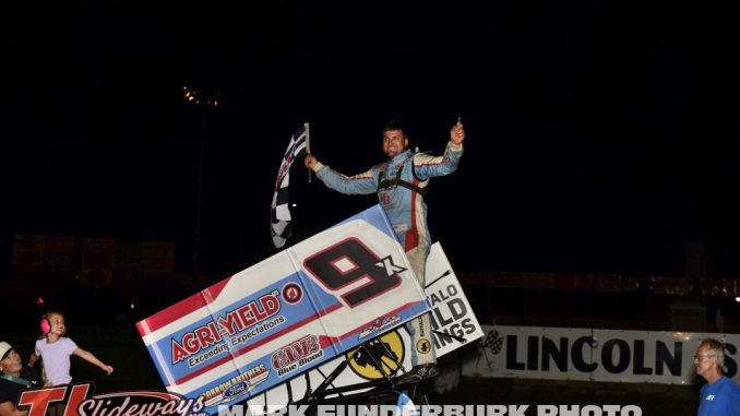 Paul Nienhiser after winning the MOWA sprint car feature at Lincoln Speedway in Illinois. (Mark Funderburk Photo)