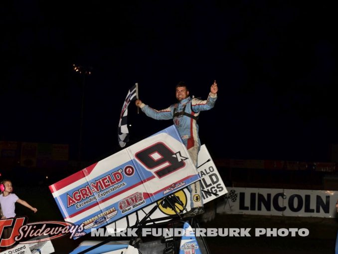 Paul Nienhiser after winning the MOWA sprint car feature at Lincoln Speedway in Illinois. (Mark Funderburk Photo)