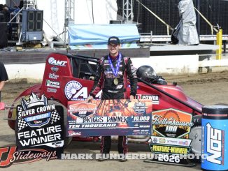 Briggs Danner after winning the USAC Silver Crown Series event at the Illinois State Fairgrounds. (Mark Funderburk Photo)