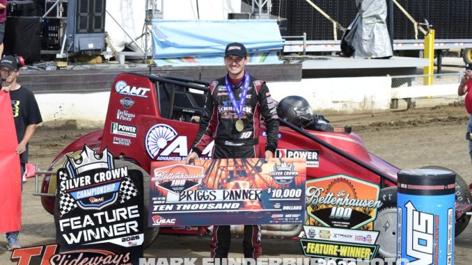 Briggs Danner after winning the USAC Silver Crown Series event at the Illinois State Fairgrounds. (Mark Funderburk Photo)