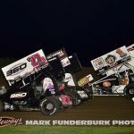 The parade lap at Marshalltown Speedway featuring Garrett Benson (#27B), Ryder Laplante (#88R), Tasker Phillips (#1TAX), and Brady Baker (#71B). (Mark Funderburk Photo)