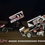Brady Baker (#71B) and Tasker Phillips (#1TAZ) at Marshalltown Speedway. (Mark Funderburk Photo)