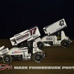 Nate Parks (#17) racing with Tony Shilling (#47) Monday at Marshalltown Speedway. (Mark Funderburk Photo)