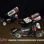 Ryder Laplante (# 88R) and Garrett Benson (#27R) racing for position Monday at Marshalltown Speedway. (Mark Funderburk Photo)