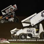 Tony Shilling (#47) racing with Tasker Phillips (#1TAZ) Monday night at Marshalltown Speedway. (Mark Funderburk Photo)