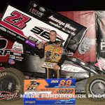 Garrett Benson in victory lane Monday night at Marshalltown Speedway. (Mark Funderburk Photo)