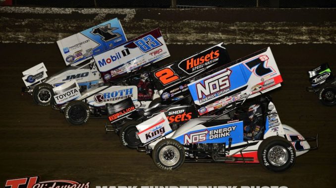 The World of Outlaws parade lap during the Ironman 55 weekend at I-55 Federated Auto Parts Raceway. (Mark Funderburk Photo)