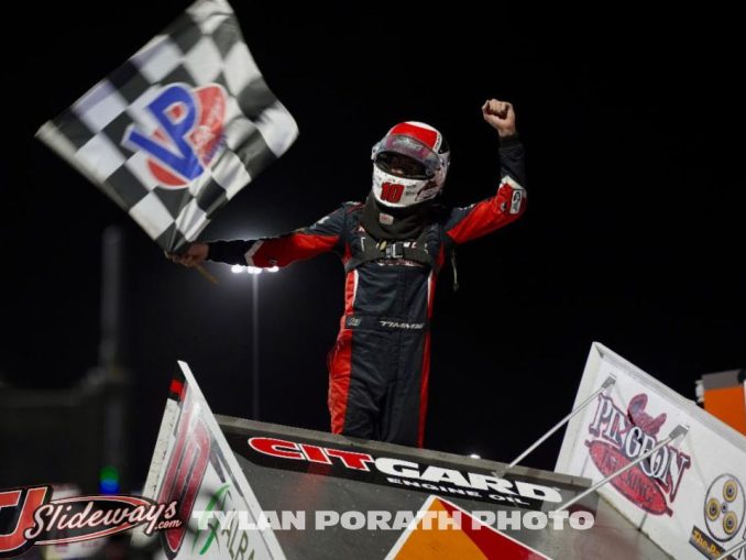 Ryan Timms celebrates after a last lap pass for the win Sunday night at Huset's Speedway. (Tyler Porath Photo)