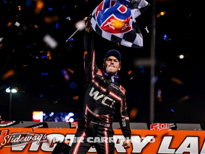 Emerson Axsom celebrates his first career World of Outlaws feature victory at Huset's Speedway. (Tyler Carr Photo)