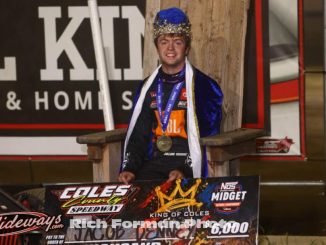 Jacob Denney wears the crown, the robe, and the throne after winning Monday night's Lake Land College King of Coles at Coles County Speedway in Mattoon, Illinois. (Rich Forman Photo)