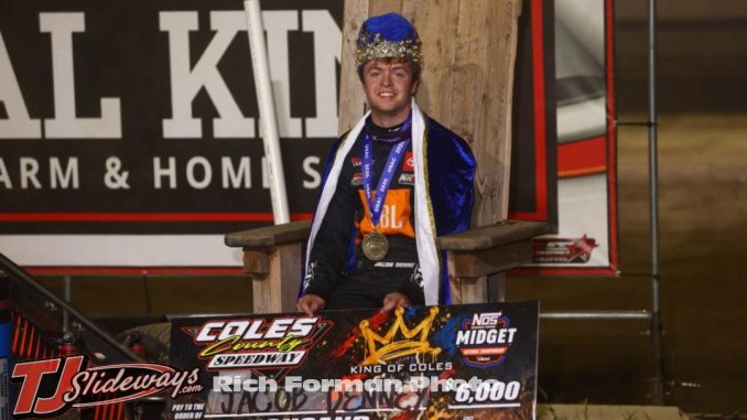 Jacob Denney wears the crown, the robe, and the throne after winning Monday night's Lake Land College King of Coles at Coles County Speedway in Mattoon, Illinois. (Rich Forman Photo)