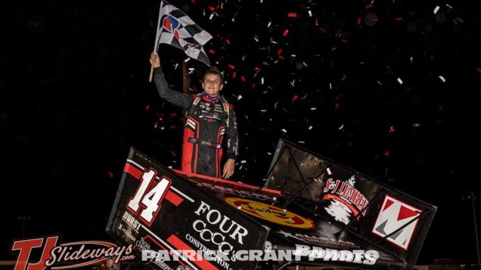 Jett Barnes celebrating winning the ASCS National Tour feature at Moberly Motorsports Park. (Patrick Grant Photo)