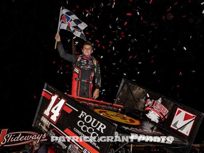 Jett Barnes celebrating winning the ASCS National Tour feature at Moberly Motorsports Park. (Patrick Grant Photo)