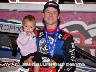 Logan Seavey celebrates with his daughter, Lane, after winning Friday night's Commonwealth Clash at Sarver, Pennsylvania's Lernerville Speedway. (Jim Balentine Photo)