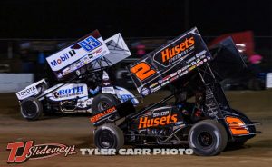 Buddy Kofoid (#83) racing with David Gravel (#2) Monday night at El Paso County Speedway. (Tyler Carr Photo)