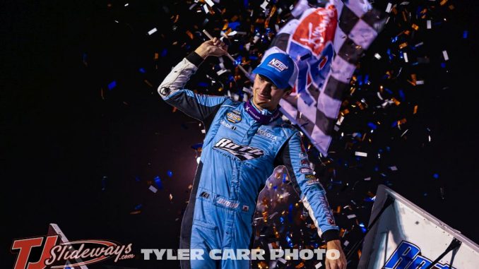 Buddy Kofoid celebrates after winning the World of Outlaws feature event at El Paso County Speedway. (Tyler Carr Photo)