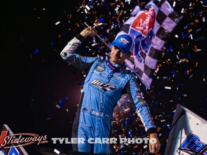 Buddy Kofoid celebrates after winning the World of Outlaws feature event at El Paso County Speedway. (Tyler Carr Photo)