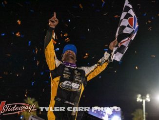 Donny Schatz after winning the World of Outlaws NOS Energy Drink Sprint Car Series event Friday night at Kevin Harvick's Kern Raceway. (Tyler Carr Photo)