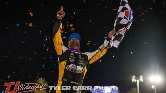 Donny Schatz after winning the World of Outlaws NOS Energy Drink Sprint Car Series event Friday night at Kevin Harvick's Kern Raceway. (Tyler Carr Photo)