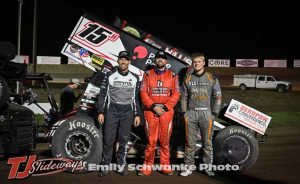 (L to R) Second place Seth Bergman, winner Sam Hafertepe Jr, and Kyler Johnson following the ASCS National Tour feature at Gallatan Speeedway. (Emily Schwanke Photo)
