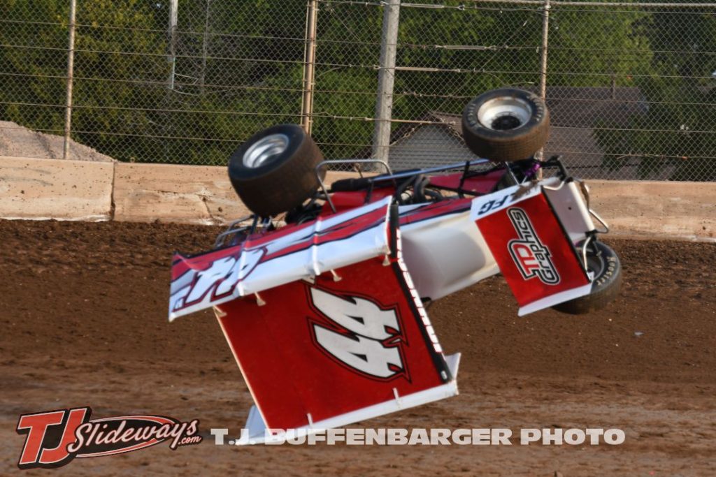 Hayden Johnson goes for a wild ride during hot laps for the MSA Sprint Cars at the Plymouth Dirt Track. (T.J. Buffenbarger Photo)