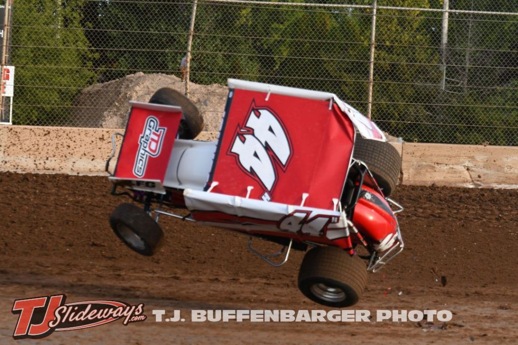 Hayden Johnson goes for a wild ride during hot laps for the MSA Sprint Cars at the Plymouth Dirt Track. (T.J. Buffenbarger Photo)