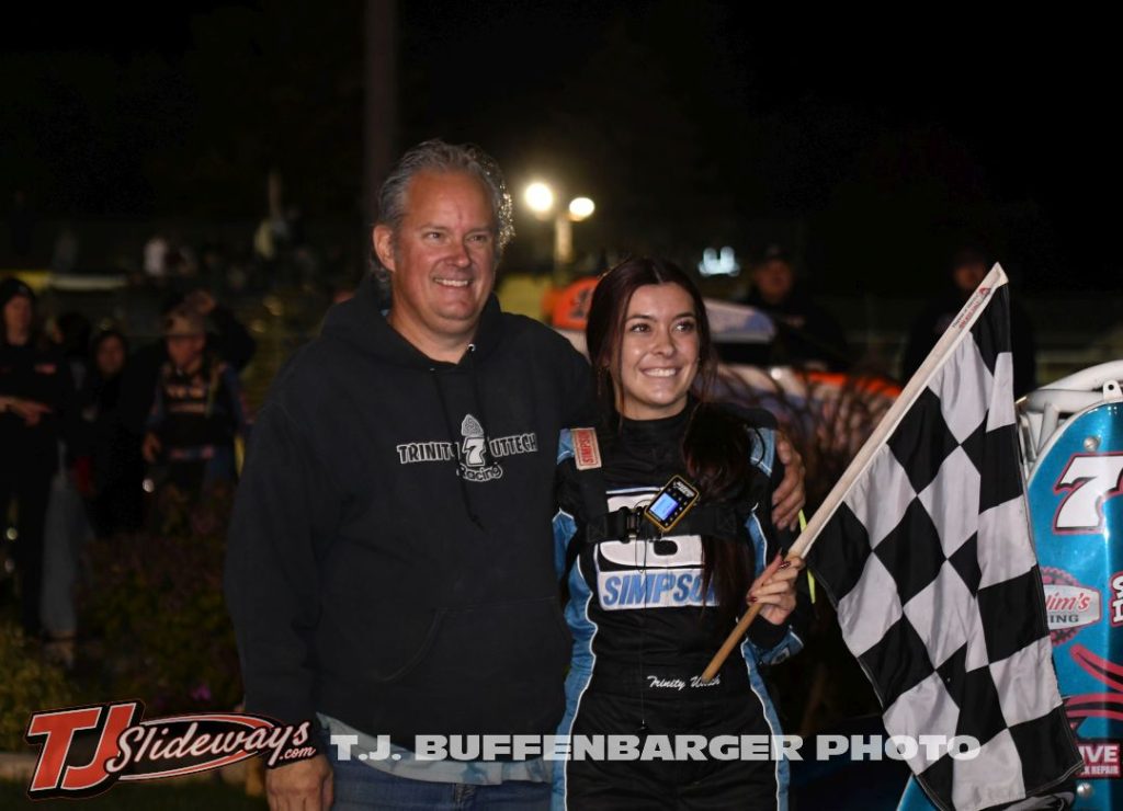 Trinity Uttech in victory lane after winning the Wisconsin WingLESS Sprint Car Series feature event at the Plymouth Dirt Track. (T.J. Buffenbarger Photo)