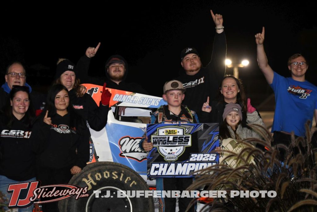 Colin Sivia with his family and crew after securing the 2026 Wisconsin WingLESS Sprint Car Series championship. (T.J. Buffenbarger Photo)