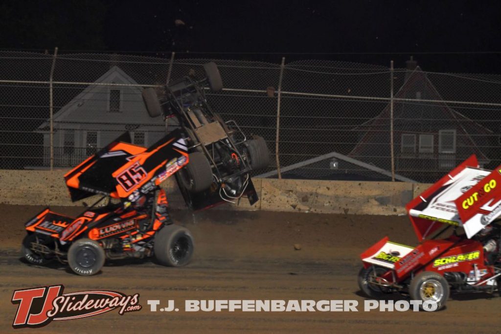 Jordan Goldesberry gets upside down between turns one and two at the Plymouth Dirt Track. (T.J. Buffenbarger Photo)