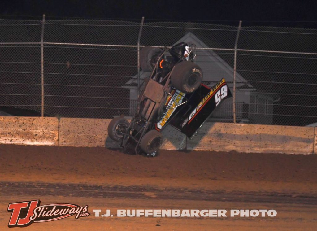 Jordan Goldesberry gets upside down between turns one and two at the Plymouth Dirt Track. (T.J. Buffenbarger Photo)